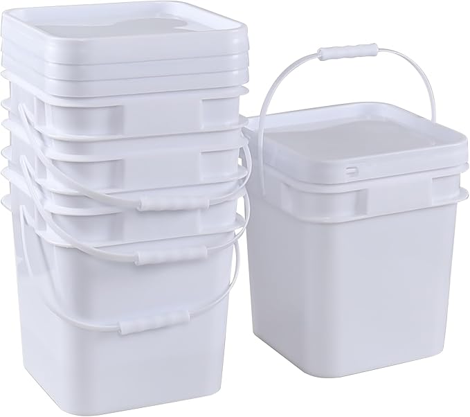 Gloreen 4-Pack 2.9 Gallon Square Plastic Bucket with Sealed Lid, Small Food Bucket Pail with Lid and Handle, White