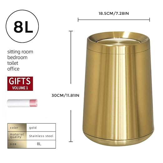 8L/2.1GALbrass Garbage can with Swing lid，Brushed Nickel Gold Trash can,Matte Gold Trash can for Bathroom,Powder Room,Bedroom,Laundry Room (GOLD-32-8l)