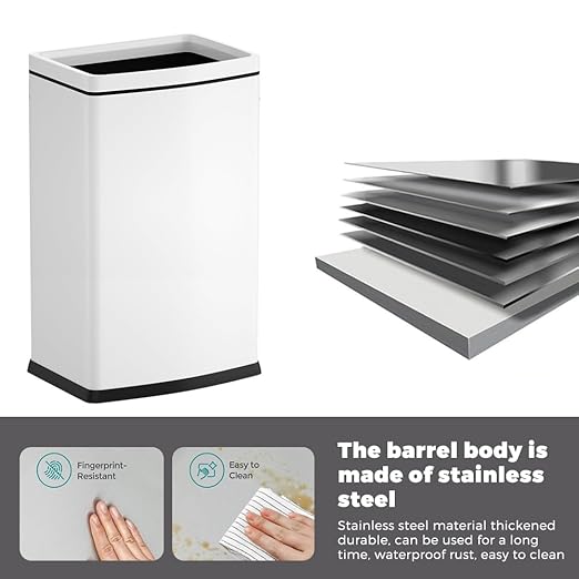 6.6 Gallon/25L Stainless Steel Square Trash Can, Large Capacity Kitchen Garbage Can, Business Trash Bin, Tall, Elegant, White Waste Basket, for Home, Office, Hotel (25LWhite)