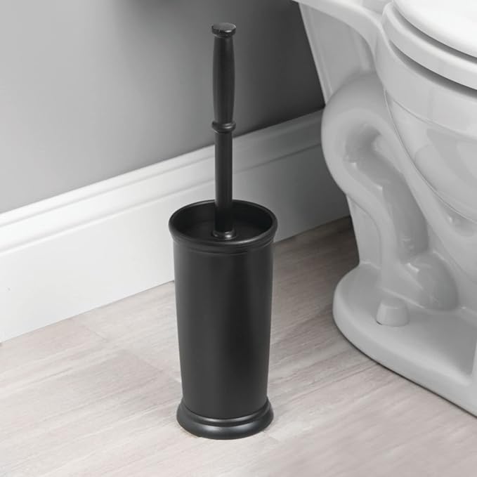 mDesign Toilet Bowl Brush and Holder - Covered Bathroom Toilet Brush - Standing Toilet Bowl Scrubber in Modern Holder - Compact, Space Saving, Deep Cleaning Brush for Toilet - Hyde Collection - Black