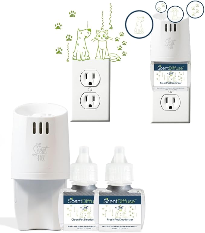 ScentDiffuse Pet Odor Deodorizing Air Freshener Starter Kit, 2 Refills + Diffuser