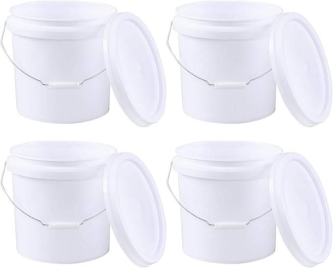 4-Gallon White Bucket Pail Container with Lid, Food Grade All Purpose Pail Built-in Handle, 4 Packs