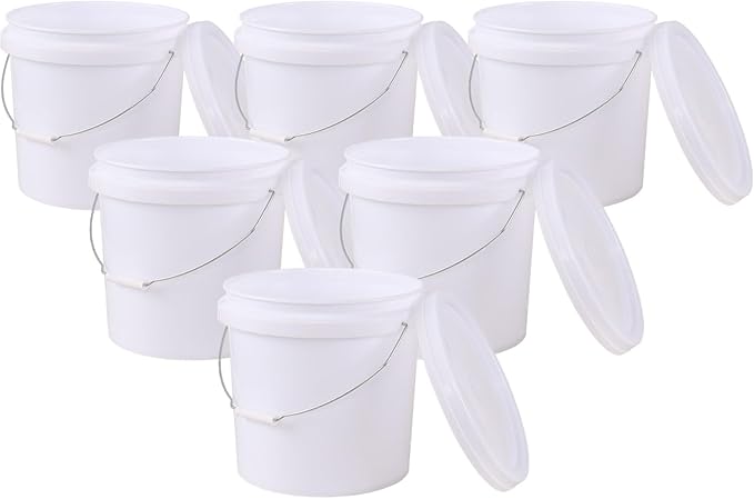 4 Gallon Plastic Food Grade White Bucket with Handle, All Purpose Storage Round Bucket Pail, 6 Packs