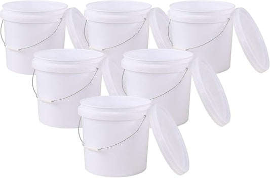 4 Gallon Plastic Food Grade White Bucket with Handle, All Purpose Storage Round Bucket Pail, 6 Packs