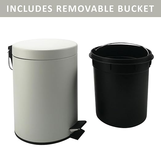 Stainless Steel Small Trash Can with Lid & Step Pedal - 5 Liters/1.3 Gallon Soft Close Waste Basket with Removeable Inner Bucket - Garbage Can for Bathroom, Bedroom, Kitchen & Office (White)