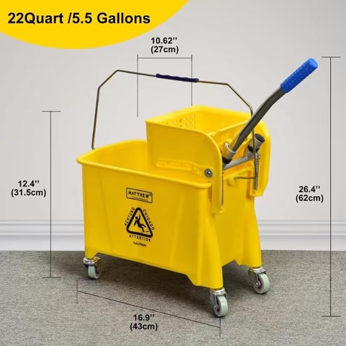 Matthew Cleaning 22 Quart Compact Mop Bucket INCL.2 Pack Mop Head with Side Press Wringer On Wheels,Tandem Portable Floor Cleaning Wavebrake,Ideal for Household,Industrial,Restaurant,Janitorial Use