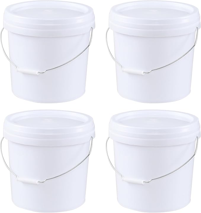 White Pails and Lids, Heavy Duty Plastic Buckets for Storage (4 Gallon, 4 Pack)