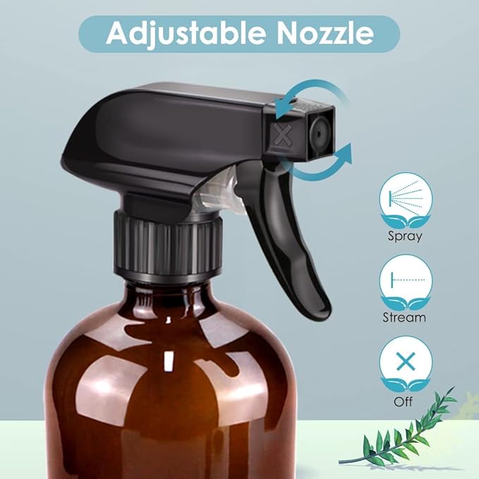 Glass Spray Bottle, Amber Glass Spray Bottle Set & Accessories Refillable for Plants Window Cleaners Aromatherapy Facial Hydration Watering Flowers Hair Care (2 Pack/16 oz) (Amber)