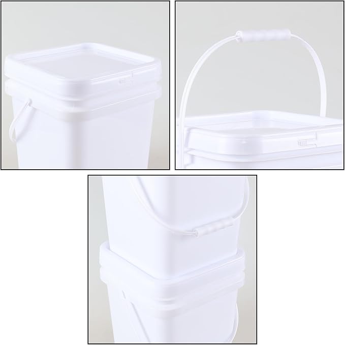 4 Pack 5 Gallon Square Lidded Storage Bucket with Handle, Plastic Bucket Pails Food Grade, White