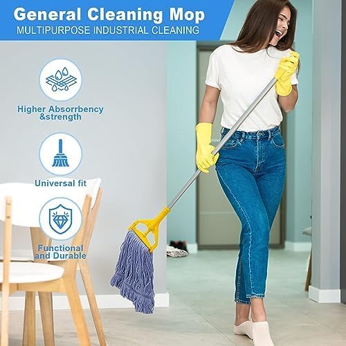 6 Pcs Heavy Duty Commercial Mop Relacement Heads,Wet Industrial Blue Cotton Looped End String Head Refills-General Cleaning Mop Heavy Duty Refill Head,Highly Absorbent,Blue String Cotton Mop Head