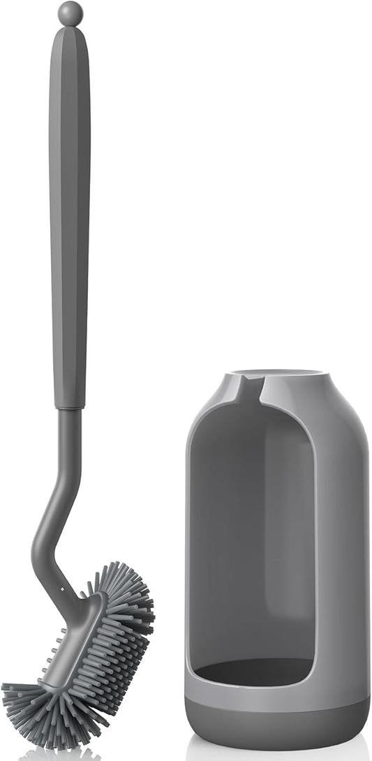 HAMITOR Toilet Bowl Brush Holder Set: Deep Cleaning Silicone Toilet Cleaner Scrubber Under Rim with Curved Bristle for Bathroom Dead Corner Clean - Modern Rv Toilet Decorative Accessories - Gray