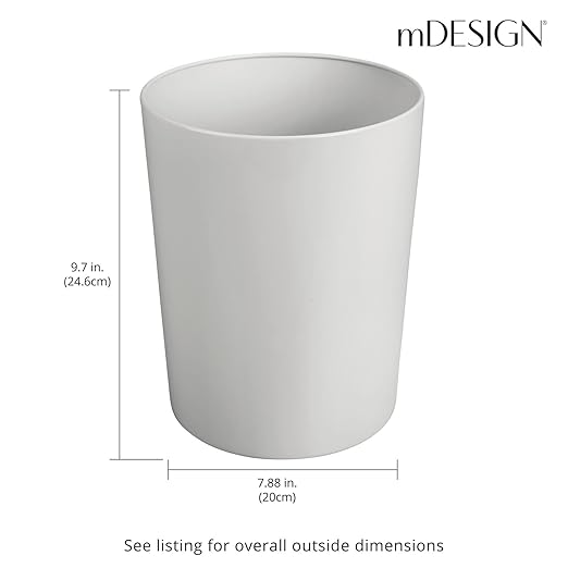 mDesign Round Metal Small 1.7 Gallon Recycle Trash Can Wastebasket, Garbage Container Bin for Bathrooms, Kitchen, Bedroom, Home Office - Durable Stainless Steel - Mirri Collection - Light Gray