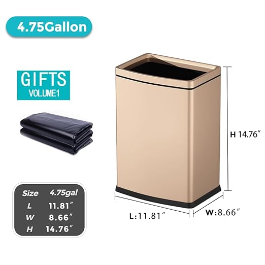 18 Liter / 4.7 Gallon Gold Dual Trash Can, Slim Open Top Office Trash Can, Commercial Grade Heavy Gauge Small Trash Can, Brushed Stainless Steel(18L Champagne Gold)