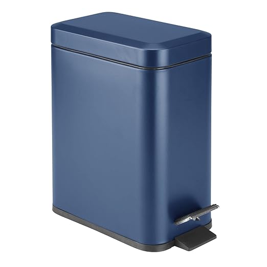 mDesign Small Modern 1.3 Gallon Rectangle Metal Lidded Step Trash Can, Compact Garbage Bin with Removable Liner Bucket and Handle for Bathroom, Kitchen, Craft Room, Office, Garage - Navy Blue