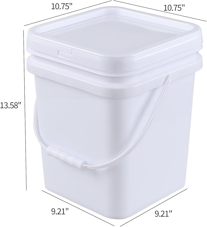 Teyyvn 5 Gallon Plastic Square Bucket with Lid and Handle, 4 Pack White Square Food Bucket Pail Container