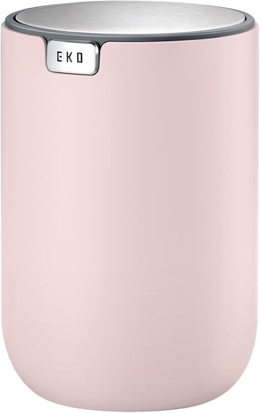 EKO Mini Desk Trash Can with Swing-Top Lid 0.4 Gallon Small Table Round Wastebasket for Office, Home, Car (Pink)