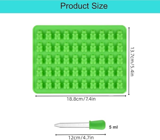 2 Piece Gummy Bear Silicone Molds, Non-Stick Chocolate Candy Mold with 2 Droppers Food Grade (Green)