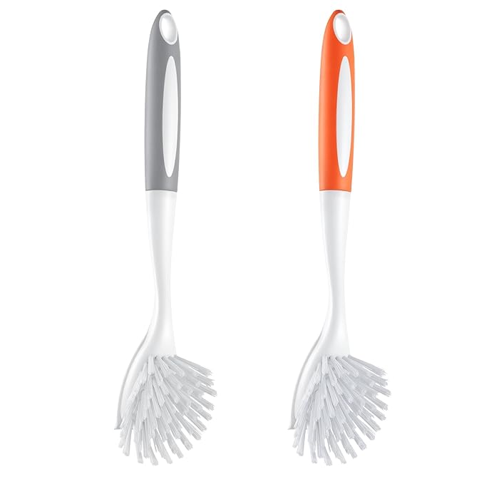 VEVOR Dish Brush, 4 Pack Kitchen Scrub Brushes with PP Handle, Dish Cleaning Brushes with Curved Bristles, Ideal for Pots, Pans, Sink and Stove, 2 Gray + 2 Orange