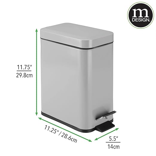 mDesign Small Modern 1.3 Gallon Rectangle Metal Lidded Step Trash Can, Compact Garbage Bin with Removable Liner Bucket and Handle for Bathroom, Kitchen, Craft Room, Office, Garage - Gray