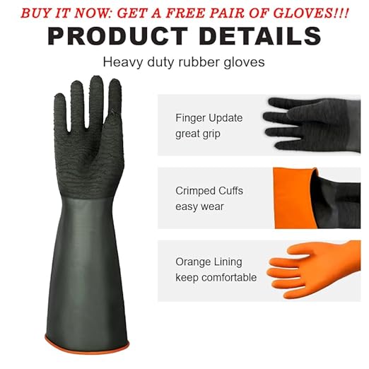 North Tower Heavy Duty Rubber Gloves, Industrial Gloves Waterproof Reusable Protective Work for Cleaning, Dishwashing, Upgraded with Non-Slip Design, Black（18in,1 pair）