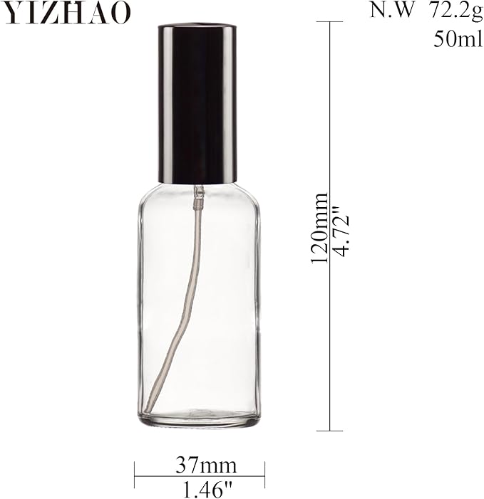YIZHAO Clear Glass Spray Bottles 2oz, with Small Fine Mist Spray, Metal Cap, Refillable for Essential Oil,Travel,Cleaning,Perfume,Aromatherapy,Makeup – 12 Pcs