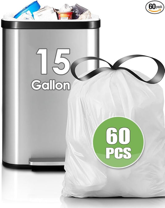 Teivio 15 Gallon 60 Counts Strong Tall Kitchen Drawstring Trash Bags, Medium Plastic Garbage Bags for Home Kitchen Office Garden Outdoor Tall Trash Can, Waste Bin Liners White