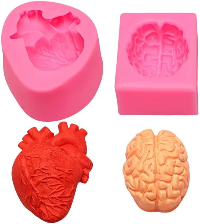 2 Pack Organ Shape Silicone Heart Brain Epoxy Resin Decoration Plaster Candle Aroma Fondant Mousse Chocolate DIY Aromatherapy Mold
