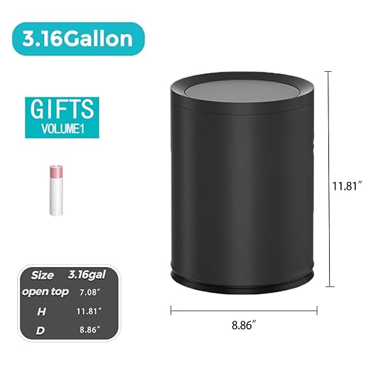 3.1Gallon/12L Modern Metal Bathroom Trash Can with Lid,Light Luxury,Elegant Waste Basket,Black Garbage Can,for Bathroom,Bedroom,Living Room, Kitchen,Office,Bank (12L-Black)
