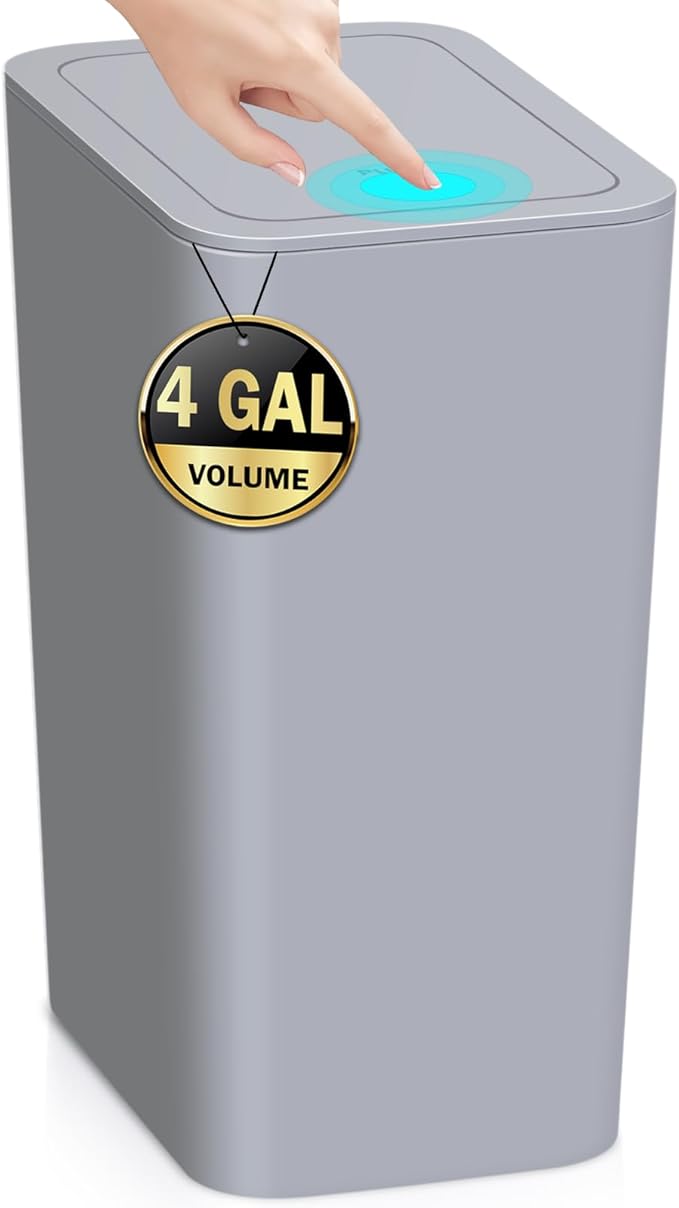 4 Gallon Bathroom Small Trash Can with Lid, 15L Slim Garbage Bin Wastebasket with Pop-Up Lid for Bedroom, Office, Kitchen, Dorm, Fits Under Desk