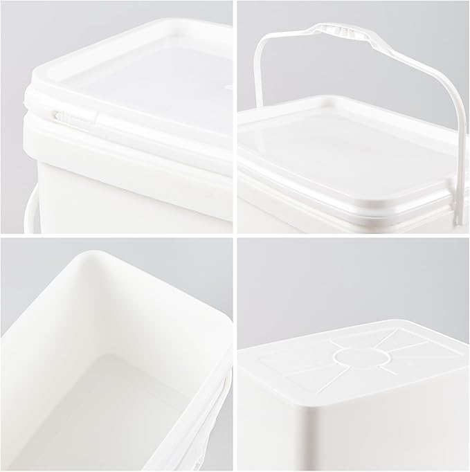 Ramddy 5 Gallon Rectangular Plastic Food Bucket with Sealed Lid, Food Grade, 4 Pack Pail Container with Handle, White