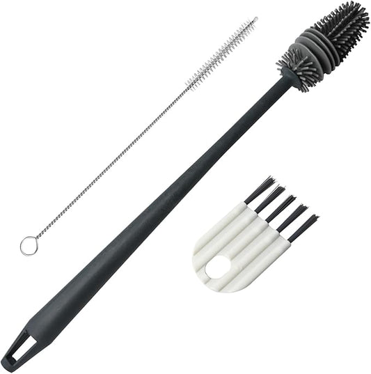 Bottle Cleaning Brush Set, Long Handle Silicone Cleaner Brushes + Lid Cup Brush +1pcs Scratch Free Silicone Bottle Cleaner and Bristle Wire Straw Cleaner, Dishwasher Safe(Gray)