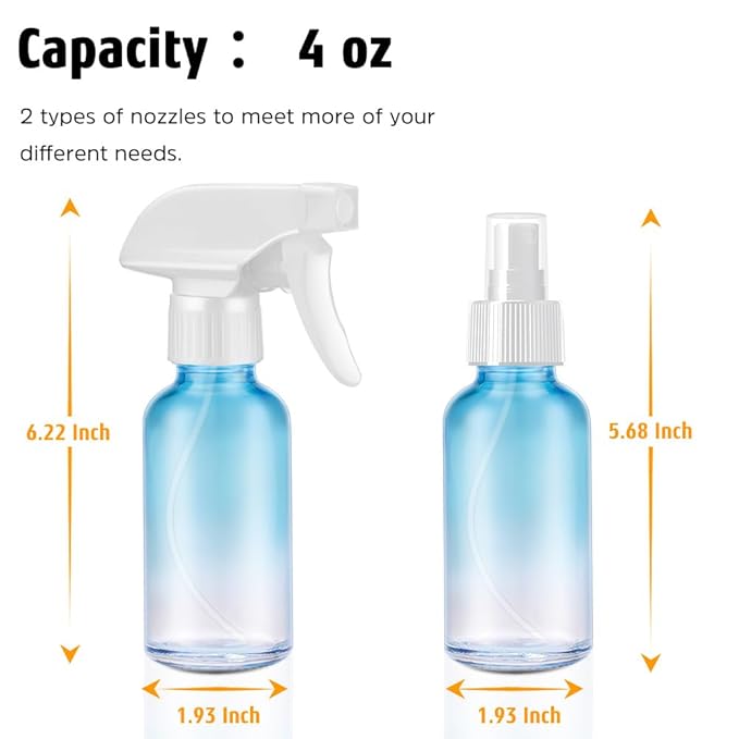 Tecohouse Glass Spray Bottles 4 oz, 2 Pack Spray Bottles for Hair Empty Refillable Fine Mist Sprayer with Labels, Funnel, Pipettes Blue