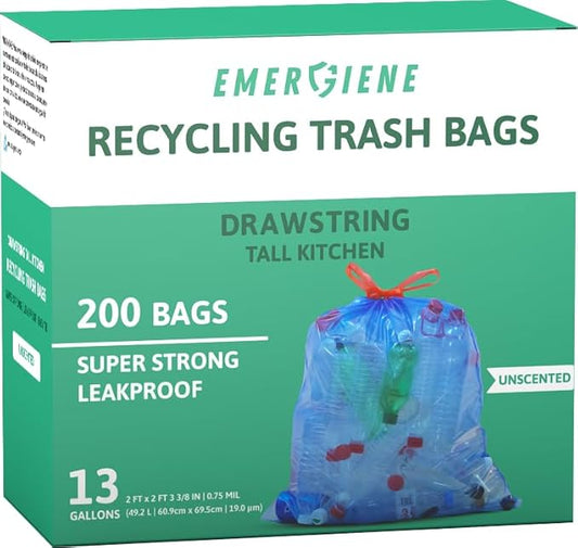 13 Gallon Recycling Trash Bags, 200 Count Drawstring Tall Kitchen Garbage Bags, Pre-Separated, Unscented, Ultra Strong, Leakproof, Sturdy, Translucent Blue