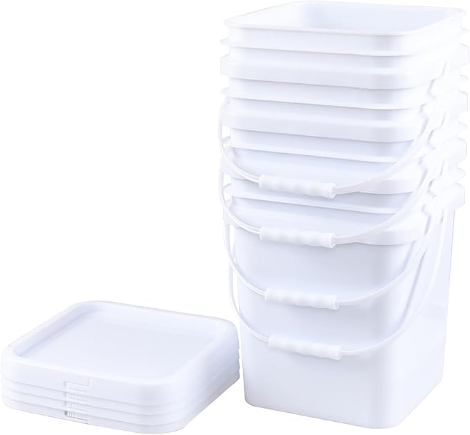 Zopnny 4 Pcs 5 Gallon Square Bucket, White Plastic Buckets with Handles, Snap Food Container Pail with Airtight Lid
