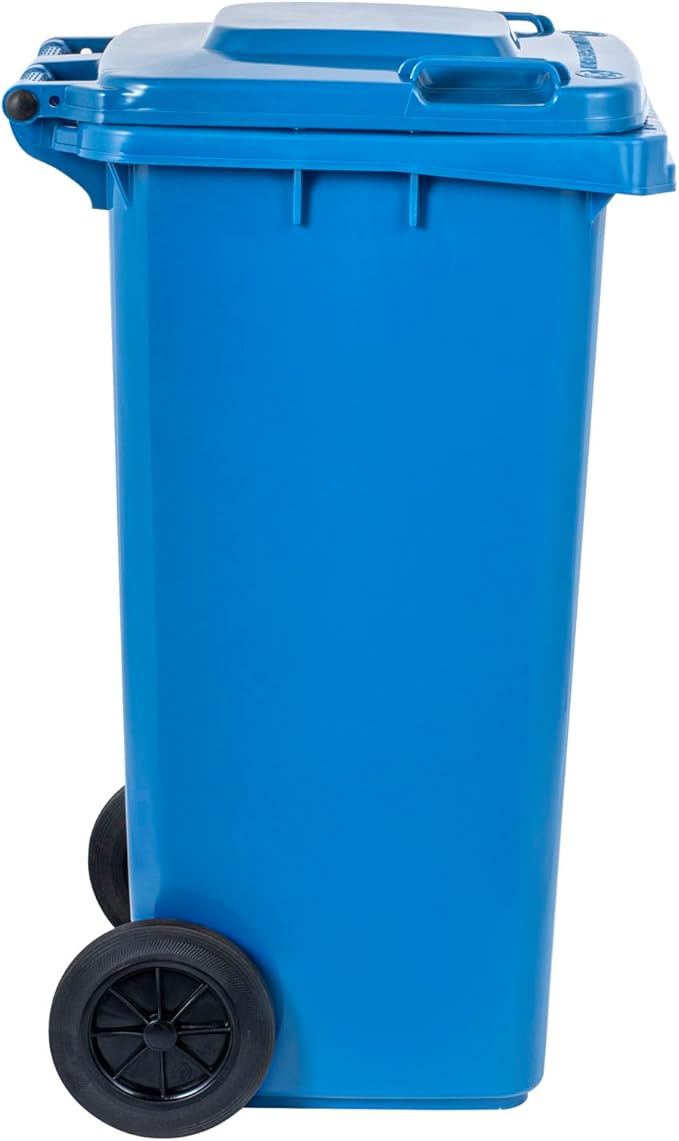 Clean Tek Professional 32 Gallon Trash Can With Wheels, 1 Garbage Can With Lid - Step-On Attachment Sold Separately, Rectangle, Blue Plastic Dustbin, Long-Lasting, For Outdoor - Restaurantware
