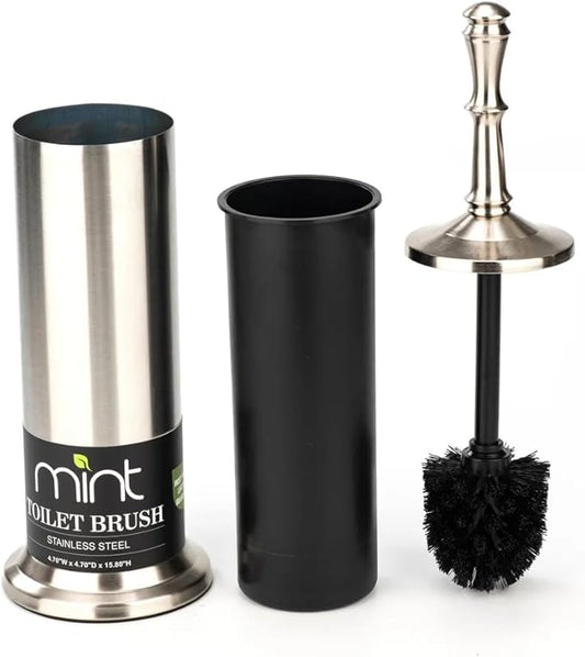 J&V TEXTILES Industrial Toilet Brush, Toilet Bowl Brush with Extra Long Handle Durable Bristles Toilet Scrubber and Covered Holder for Toilet Brush Set (Brished Satin Nickel)