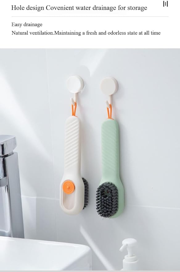 2pcs Soap Dispenser Shoe Brushes,Sneaker Brushes,Multifunftional Shoe Brushes with Soap Dispenser, Long Handle Shoe Brush, Carpet and Kids Toys - Travel-Friendly Design (Green & Cream)