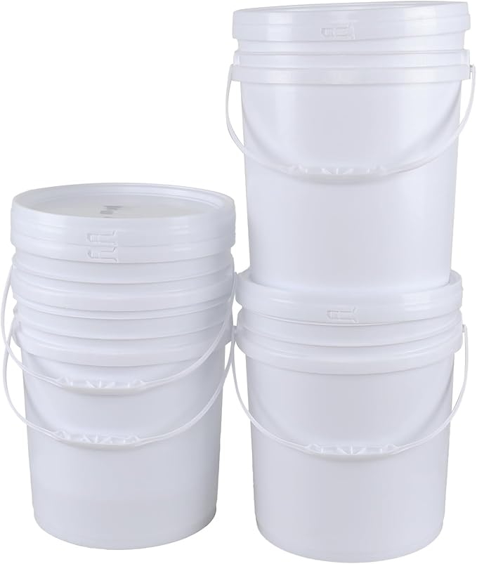 4 Packs Food Grade Bucket Pail with Plastic Handles and Lid, Plastic Bucket Pail Container with Lid, 7 Gallon, White