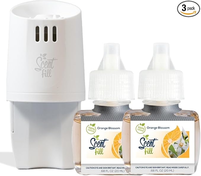 Scent Fill 100% Natural Orange Blossom Plug in Air Freshener, Scented Oil Refills, 2 Refills + Diffuser