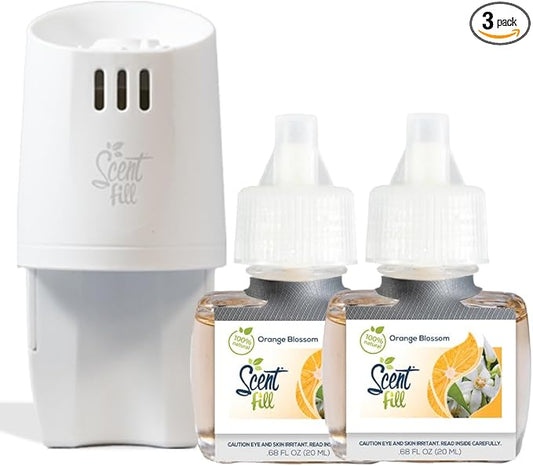 Scent Fill 100% Natural Orange Blossom Plug in Air Freshener, Scented Oil Refills, 2 Refills + Diffuser