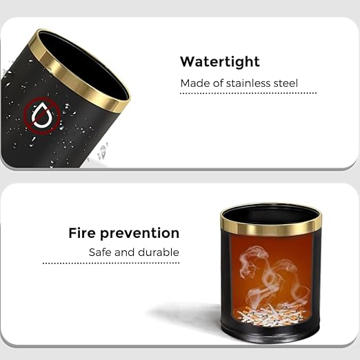 10L/2.6GAL Black and Gold Open Top Trash Can - Metal Trash Bin Without Lid for Office, Hotel, Store, Restaurant