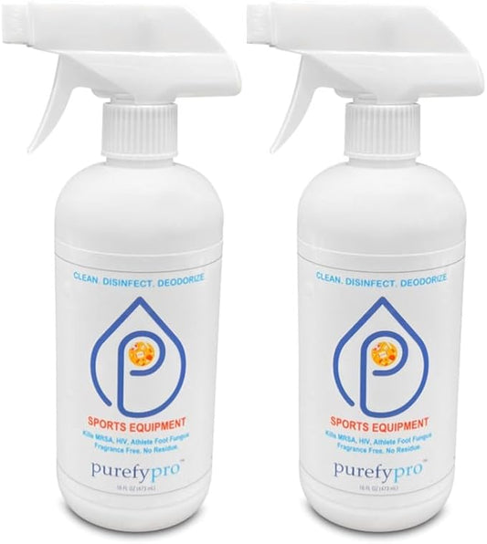 Purefypro Sports Equipment Disinfectant Spray (16oz, 2pk) Kills 99.9999% MRSA, HIV, Athlete Foot Fungus, Virus, Fungi. No Residue. Great For Sports Pads, Yoga Mats, Shoes, Boxing Gloves, Gym Equipment