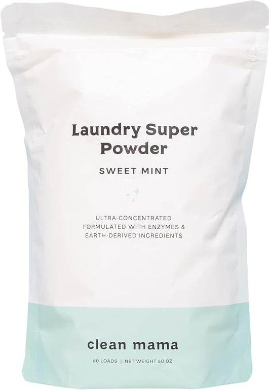Clean Mama Laundry Super Powder Detergent - Extra Strength Laundry Detergent Powder - Natural Laundry Detergent for Sensitive Skin - Enzyme Powered, Fights Stains & Odors - Sweet Mint, 60 Loads