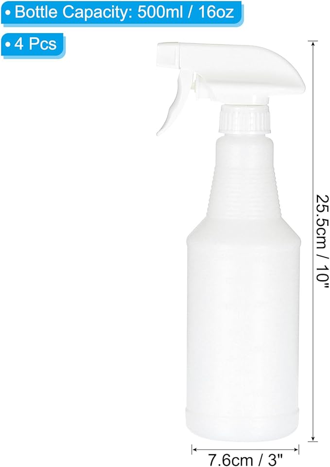 PATIKIL 500ml/16oz Plastic Spray Bottles, 4pcs Adjustable Nozzle Leak Proof Empty Water Mist Stream Sprayer for Cleaning Solutions Plants Hair, White