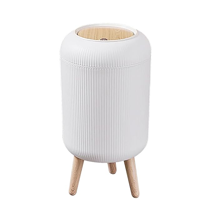 Trash Can With Lid for Bathroom, 2 Gallon/10 Liter Round Garbage Bin With Press Top, Plastic Modern Wastebasket With Soft Close, Container for Bedroom, Living Room, Office (White)