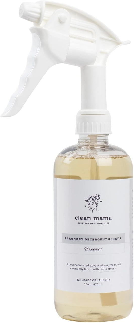 Clean Mama Laundry Detergent Spray & Pre-Treater - Natural Laundry Detergent Soap for Sensitive Skin - Eco-Friendly, HE Compatible - Unscented - 32+ Loads of Laundry, 16 oz