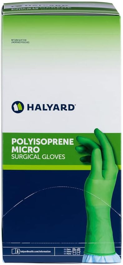 HALYARD Micro Surgical Gloves Sterile Polyisoprene Individually Wrapped Pairs Powder Free Medical Disposable Gloves, 7.9 mil, Size 9.0 XL, Green, SGL90090 (Box of 50 Pairs - 100 Total)
