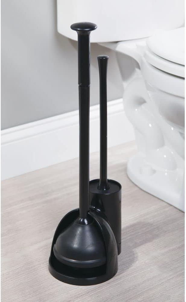 mDesign Hidden Plunger and Brush Set for Toilet Bowl - Brush Cleaner and Plunger Combo with Holder Caddy for Bathroom - Modern Toilet Brush and Plunger Set - Aura Collection - 2 Pack - Black