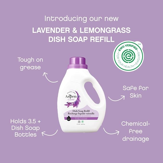 AspenClean Natural Dish Soap Refill Lavender and Lemongrass - 100% Natural, Organic, Baby-Safe, Pet-Friendly, Vegan, Cruelty-Free, Biodegradable - EWG VERIFIED & EcoCert Certified (2 Pack)