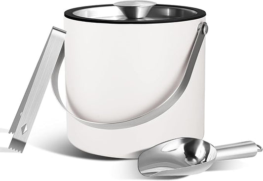 Insulated Ice Bucket with Silicone Lid, Scoop, Tongs & Strainer, 3L Stainless Steel Double Wall Ice Buckets for Parties & Cocktail Bar, Champagne Ice Bucket with Lid for Freezer, Ivory